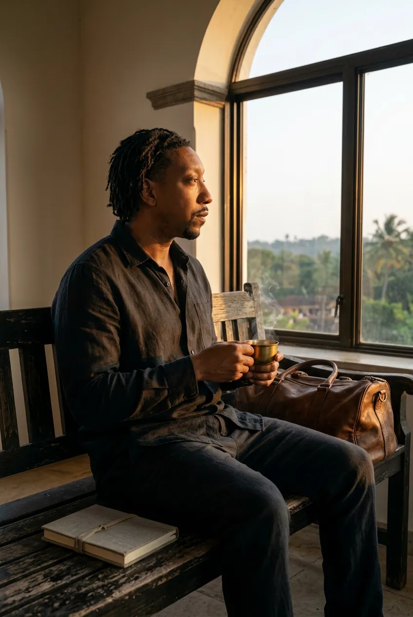 The Navigator sits on a weathered wooden bench at sunrise holding a brass mug of steaming coffee, a leather duffle and journal beside him, palm trees framed through an arched window — arrival, contemplation, the first ninety minutes of the day.