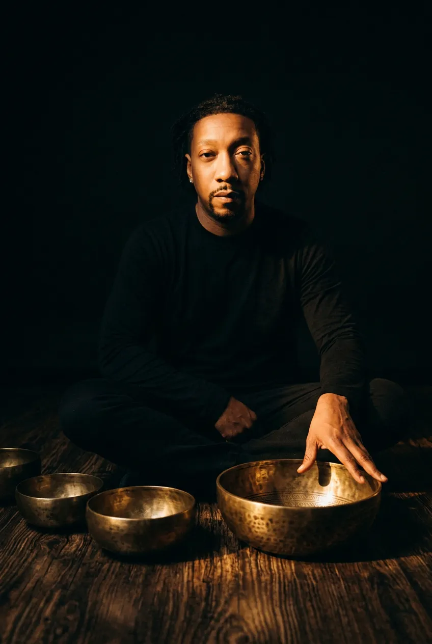The Navigator sits cross-legged on a dark wood floor with a row of hammered brass singing bowls glowing in warm light — the acoustic-vagal pathway made visible.