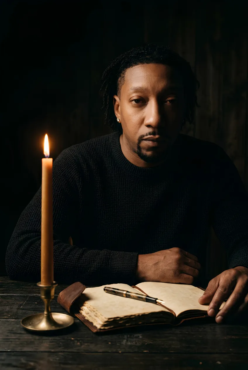 The Navigator sits by candlelight with an open leather journal and fountain pen in deep shadow — shadow work and reflection.