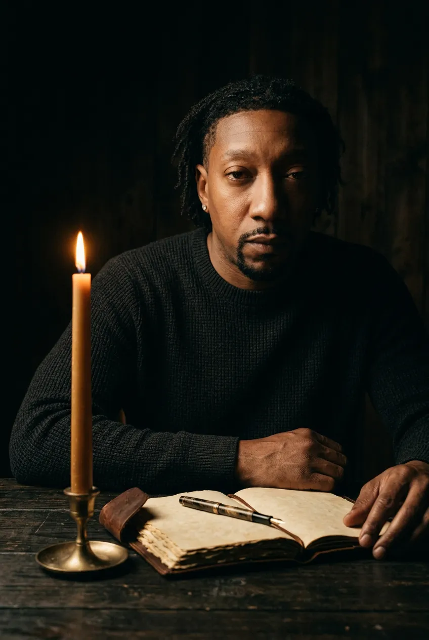 The Navigator sits in near-darkness at a weathered wood table with an open leather journal and fountain pen beside a lit candle — the somatic completion of arrested autonomic cycles begins in stillness.