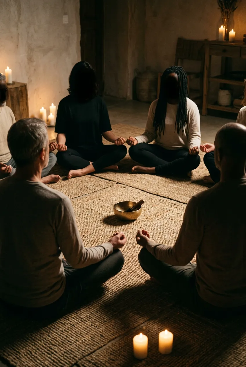 Cinematic wide shot of a small group of adults seated in a candlelit circle on woven rugs, backs to camera, hands relaxed on knees — co-regulation as a collective practice.