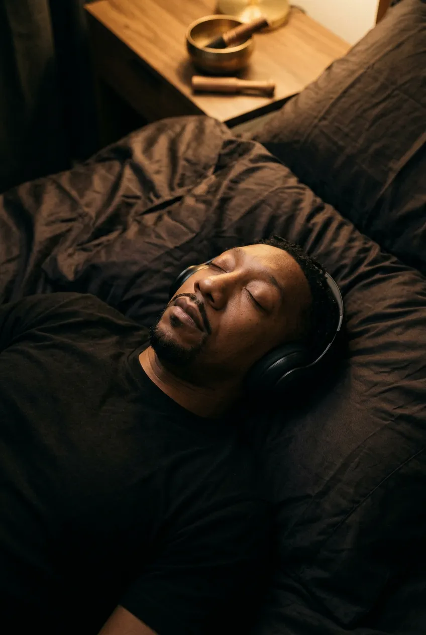 The Navigator rests in bed wearing black over-ear headphones, a brass singing bowl on the nightstand — sound entering the brainstem faster than any other sensory modality.