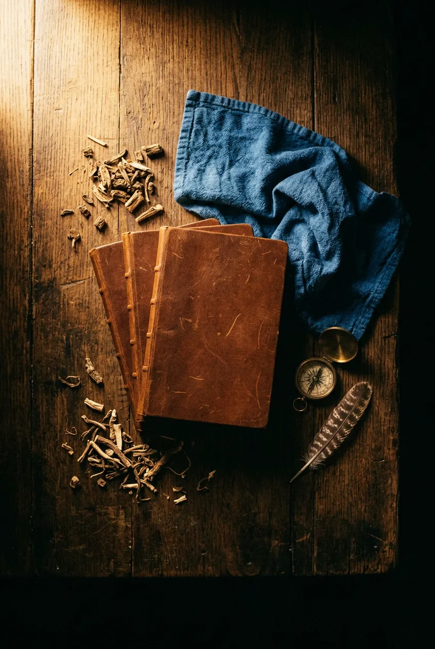 Overhead still-life on aged dark wood: a stack of weathered leather field manuals, a length of indigo-dyed cloth, dried gentian and dandelion roots, a brass pocket compass, a single feather — the Maroon Quadrilateral rendered as objects.