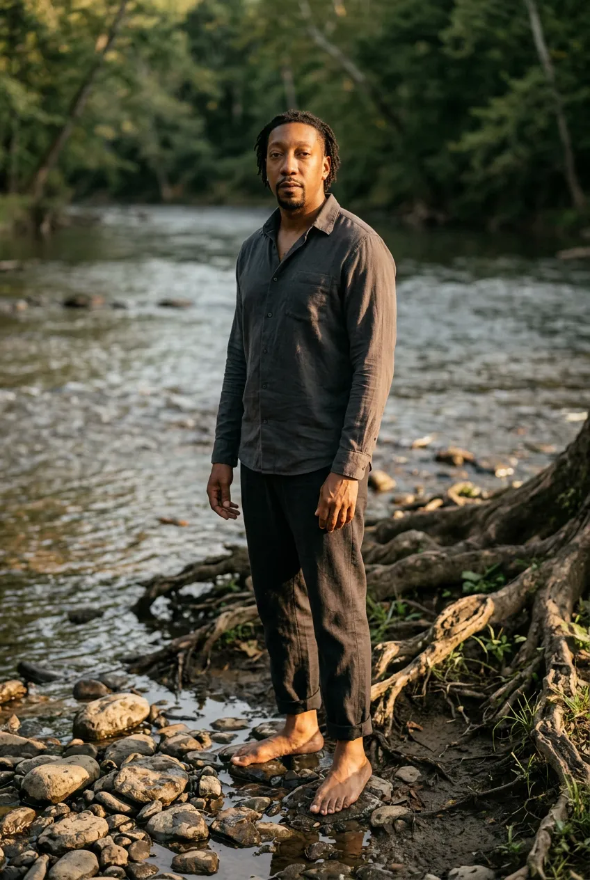 The Navigator stands barefoot on wet river stones beside a summer river and green forest, three-quarter body — skin-to-earth contact as an electrical event.