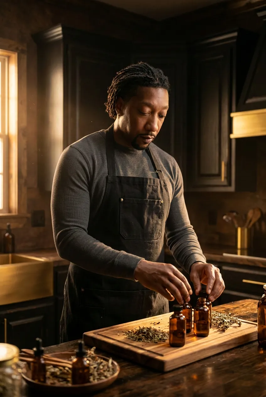 The Navigator in a work apron arranging small amber tincture bottles among dried botanicals on a wooden cutting board in a dark warmly-lit kitchen — the Vagal Bitters production floor.