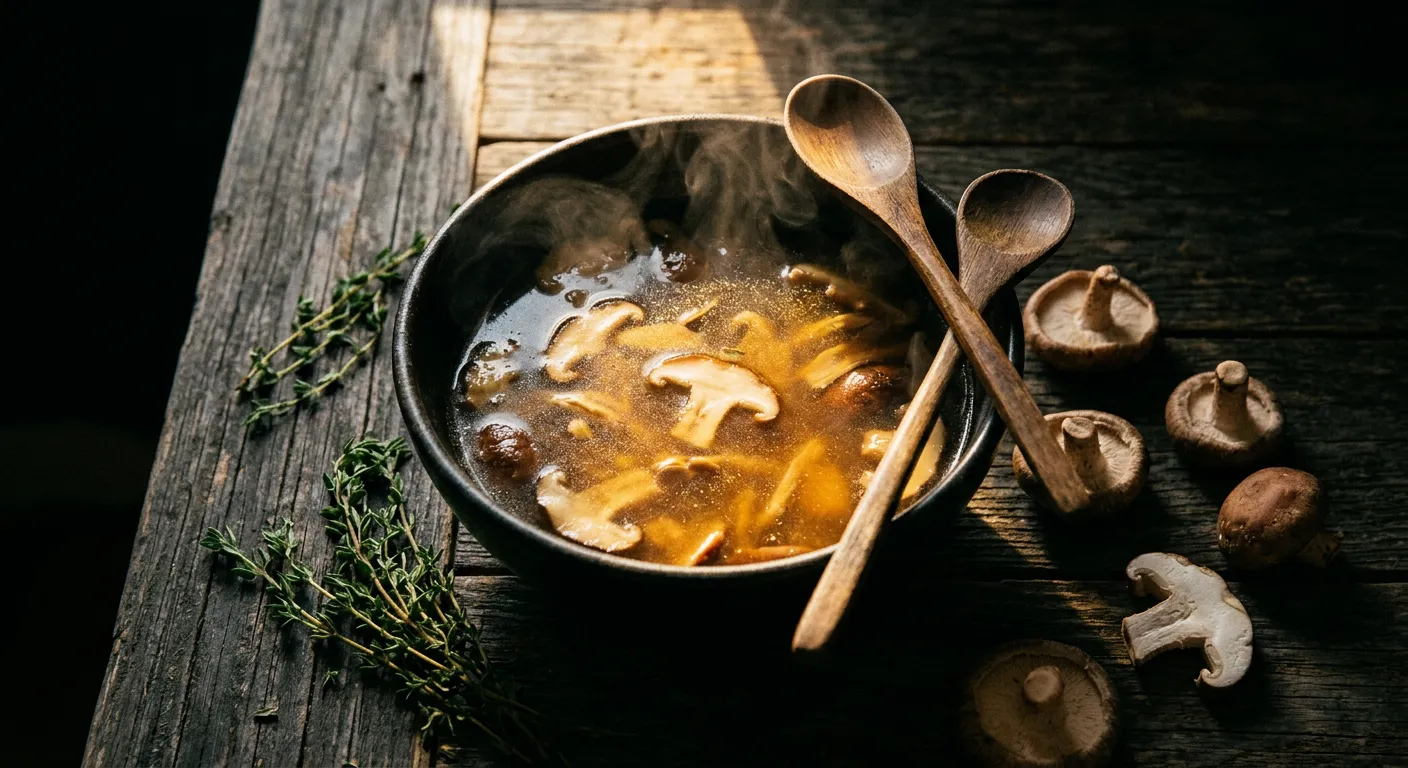 Cinematic overhead view of a dark ceramic bowl of amber mushroom-and-dashi broth with rising steam, thyme, and shiitake on aged dark wood — the T1R1/T1R3 receptor cascade at the table.
